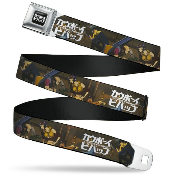Crunchyroll Belt, Seatbelt Buckle Belt, Cowboy Bebop Jet Black and Crew Bonsai Tree Scene and Logo, 34 to 52 Inches