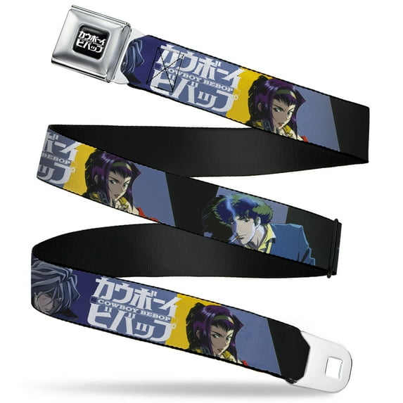 Crunchyroll Belt, Seatbelt Buckle Belt, Cowboy Bebop Spike Vicious and Faye Pose and Logo Blue Yellow, 30 to 44 Inches
