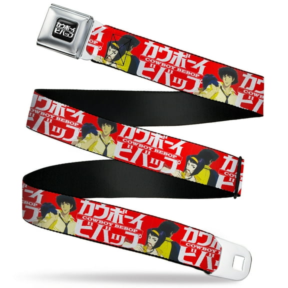 Crunchyroll Belt, Seatbelt Buckle Belt, Cowboy Bebop Spike and Faye Back to Back and Logo Red White, Youth 22 to 32 Inches
