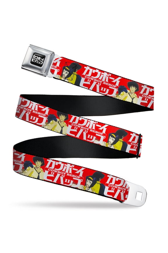 Crunchyroll Belt, Seatbelt Buckle Belt, Cowboy Bebop Spike and Faye Back to Back and Logo Red White, Youth 22 to 32 Inches