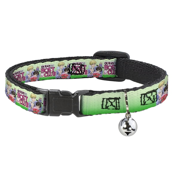 Crunchyroll Cat Collar, Breakaway Collar with Bell, Ouran Host Club Haruhi and Friends Group Pose and Logo Greens, 8.5 to 12 Inches 0.5 Inch Wide