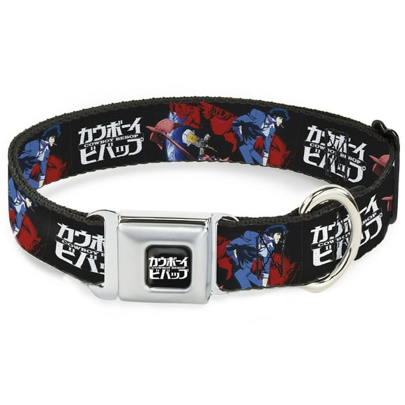 Crunchyroll Pet Collar, Dog Collar Metal Seatbelt Buckle, Cowboy Bebop Spike Pose and Crew Collage and Title Logo Black, 9.5 to 13 Inches 1.0 Inch Wide