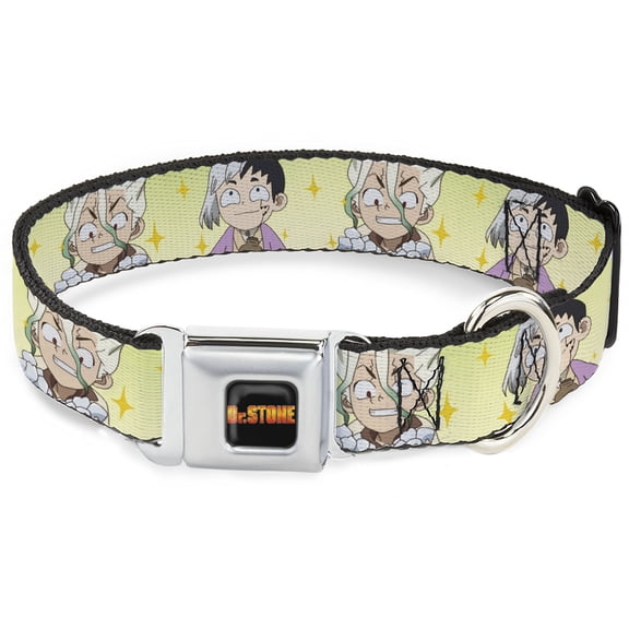 Crunchyroll Pet Collar, Dog Collar Metal Seatbelt Buckle, Dr Stone Chibi Senku and Gen Faces Stars Yellows, 9.5 to 13 Inches 1.0 Inch Wide