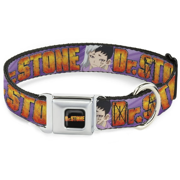 Crunchyroll Pet Collar, Dog Collar Metal Seatbelt Buckle, Dr Stone Title Logo and Gen Asagiri Face Purples, 11 to 16.5 Inches 1.0 Inch Wide