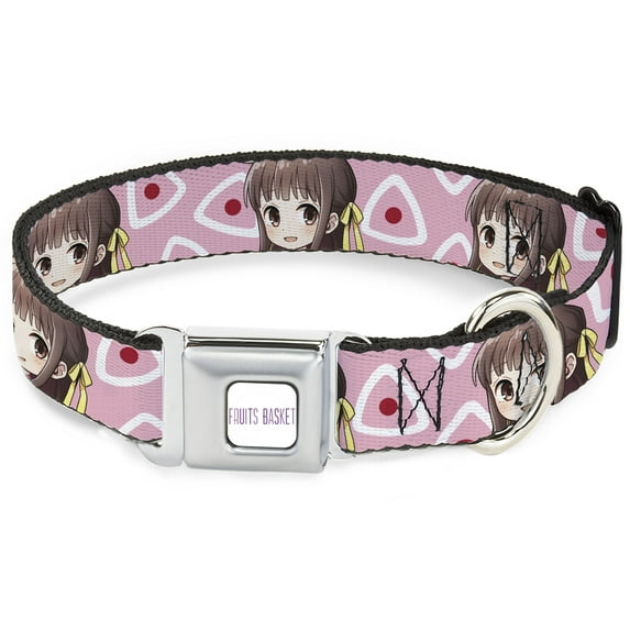 Crunchyroll Pet Collar, Dog Collar Metal Seatbelt Buckle, Fruits Basket Chibi Tohru Honda and Kimono Rice Ball Pink, 11 to 16.5 Inches 1.0 Inch Wide