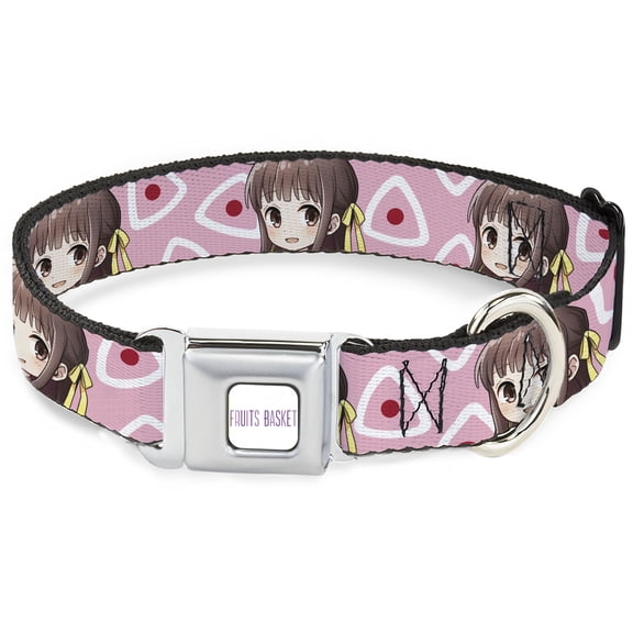 Crunchyroll Pet Collar, Dog Collar Metal Seatbelt Buckle, Fruits Basket Chibi Tohru Honda and Kimono Rice Ball Pink, 9.5 to 13 Inches 1.0 Inch Wide