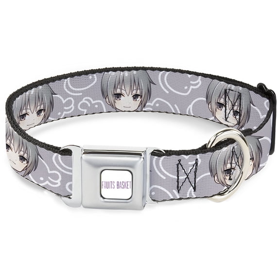 Crunchyroll Pet Collar, Dog Collar Metal Seatbelt Buckle, Fruits Basket Chibi Yuki Soma and Kimono Rat Icon Gray White, 11 to 16.5 Inches 1.0 Inch Wide