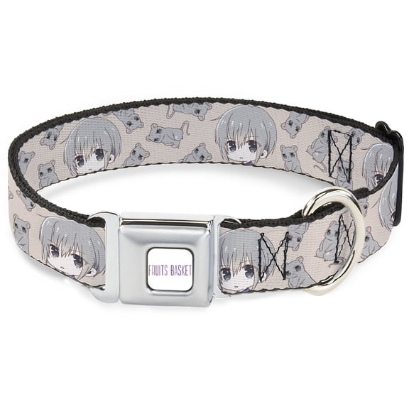 Crunchyroll Pet Collar, Dog Collar Metal Seatbelt Buckle, Fruits Basket Chibi Yuki Soma and Rat Scattered Beige Gray, 15 to 24 Inches 1.0 Inch Wide