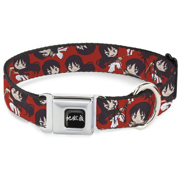 Crunchyroll Pet Collar, Dog Collar Metal Seatbelt Buckle, Hells Paradise Chibi Aza Toma Sword Poses Scattered Red, 15 to 24 Inches 1.0 Inch Wide