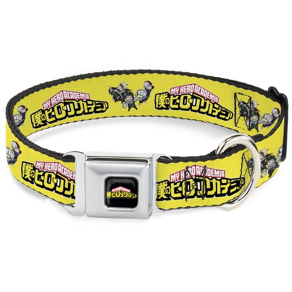 Crunchyroll Pet Collar, Dog Collar Metal Seatbelt Buckle, My Hero Academia Character Trio Pose and Title Logo Yellow, 15 to 24 Inches 1.0 Inch Wide