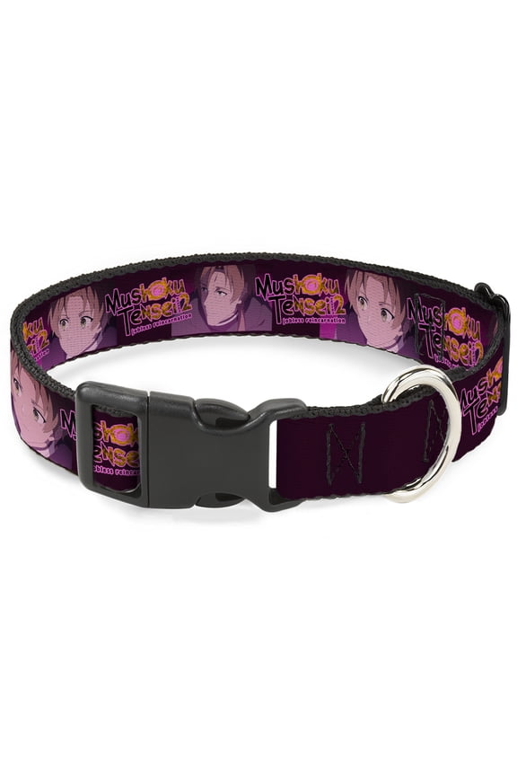 Crunchyroll Pet Collar, Dog Collar Plastic Buckle, Mushoku Tensei Rudeus and Paul Pose and Title Logo Pinks, 8.5 to 12 Inches 0.5 Inch Wide