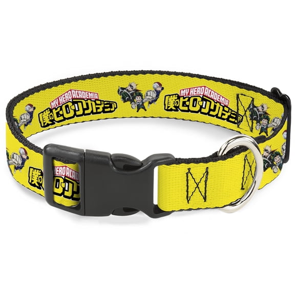 Crunchyroll Pet Collar, Dog Collar Plastic Buckle, My Hero Academia Character Trio Pose and Title Logo Yellow, 9.5 to 13 Inches 1.0 Inch Wide