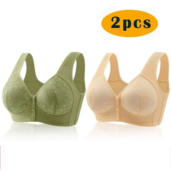 Crunowin 2Pc Bra For Seniors Front Closure for Women, Soft Casual Bra Plus Size Wire Free Lingerie Beige M
