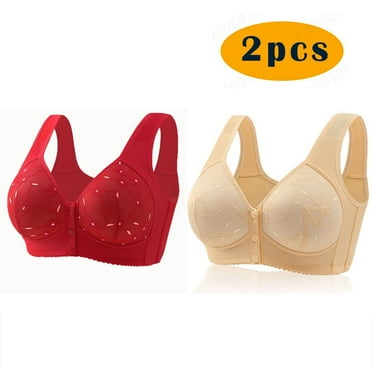 Crunowin 2Pc Bra For Seniors Front Closure for Women, Soft Casual Bra Plus Size Wire Free Lingerie Beige S
