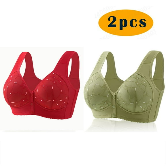 Crunowin 2Pc Bra For Seniors Front Closure for Women, Soft Casual Bra Plus Size Wire Free Lingerie Green M