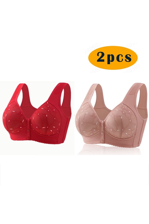 2Pc Bra For Seniors Front Closure for Women, Soft Casual Bra Plus Size Wire Free Lingerie Pink S