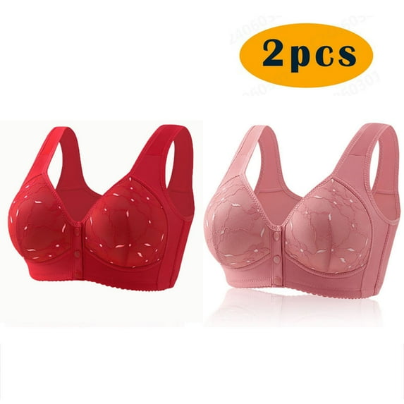 Crunowin 2Pc Bra For Seniors Front Closure for Women, Soft Casual Bra Plus Size Wire Free Lingerie Watermelon Red M