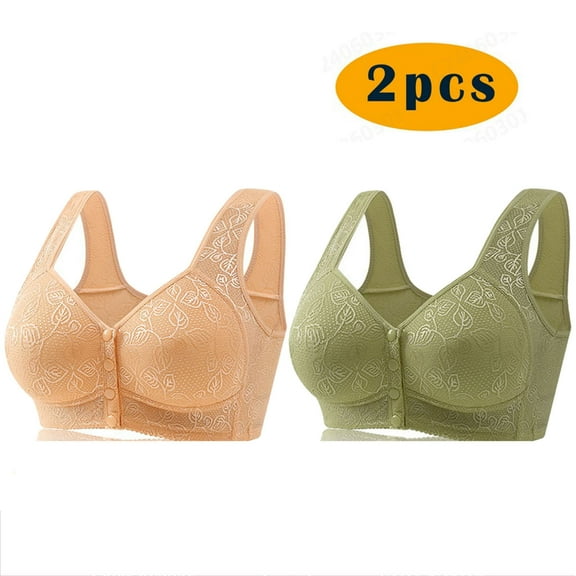 Crunowin 2Pc Women's Plus Size Bra Wireless Front Button Closure, Soft Lace Gathering Casual Comfort Bras Green M
