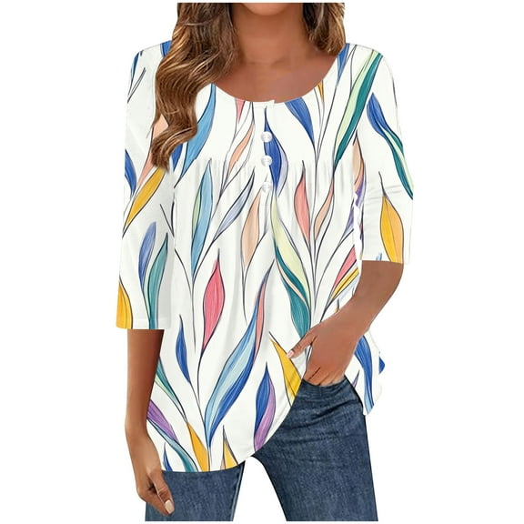 Crunowin 3/4 Length Sleeve Womens Tops, Round Neck Casual Tunic Tops Floral Print Tees Blouses Dressy T-Shirts Pleated Shirts Green L