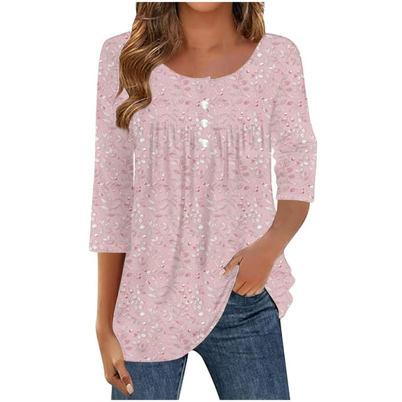 Crunowin 3/4 Length Sleeve Womens Tops, Round Neck Casual Tunic Tops Floral Print Tees Blouses Dressy T-Shirts Pleated Shirts Pink L