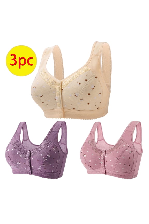 3pc Plus Size Bra for Women Wireless Front Button Closure, Floral Print Soft Casual Comfort Daily Bras Purple S
