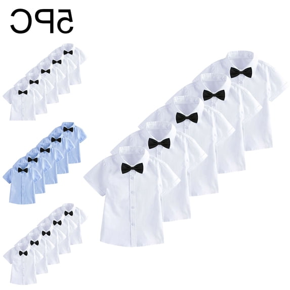 Crunowin 5PC Boys And Girls School Uniform Cotton Shirt Short Sleeve Bow Tie Kids Tops Black Size 2T