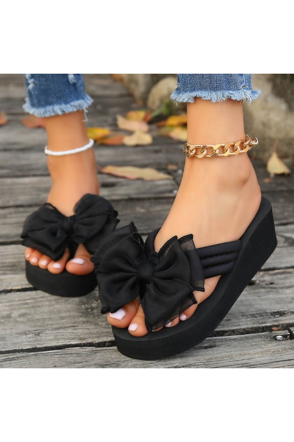 Women's Wedge Roman Slippers, Beach Use Bow Thong Design Boho Style Summer Slippers with Arch Support Black 7
