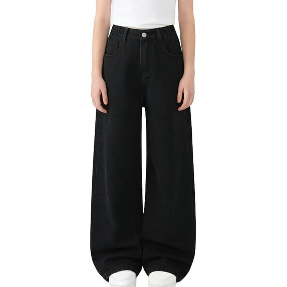 Crunowin Big Girls Denim Pants Wide Leg Drawstring Waist Comfortable Trendy Casual Jeans Black Size 46369