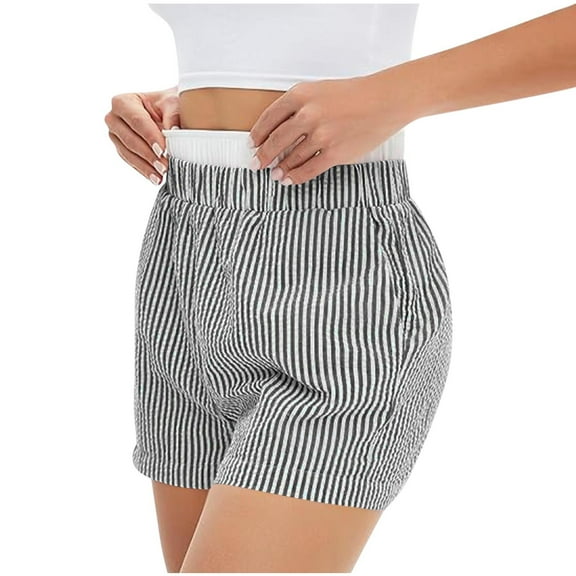 Crunowin Boxer Shorts for Women, Mid Waist Striped Pajama Lounge Shorts Elastic Bottoms Sleepwear Black XL
