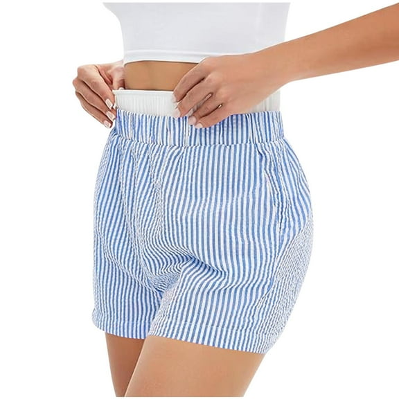 Crunowin Boxer Shorts for Women, Mid Waist Striped Pajama Lounge Shorts Elastic Bottoms Sleepwear Light Blue 2XL