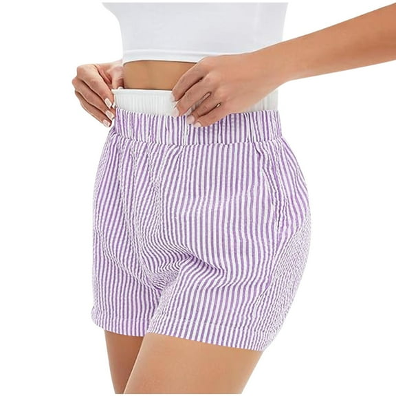 Crunowin Boxer Shorts for Women, Mid Waist Striped Pajama Lounge Shorts Elastic Bottoms Sleepwear Purple M