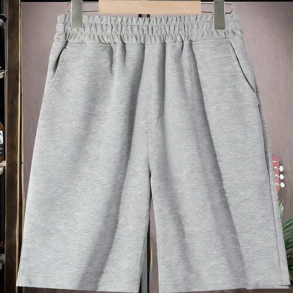 Crunowin Boy's Slim Sports Cotton Shorts, With Side Pockets Elastic Waist Solid Color Sporty Casual Shorts Gray 7-8Years
