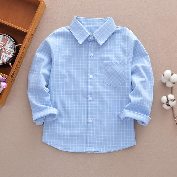 Crunowin Boys And Girls Button Down Shirts Long Sleeve Spring Fall Plaid Checkered School Tops Light Blue Size 6 Years