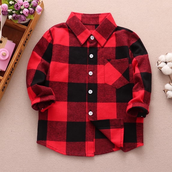 Crunowin Boys And Girls Button Down Shirts Long Sleeve Spring Fall Plaid Checkered School Tops Red Size 5 Years