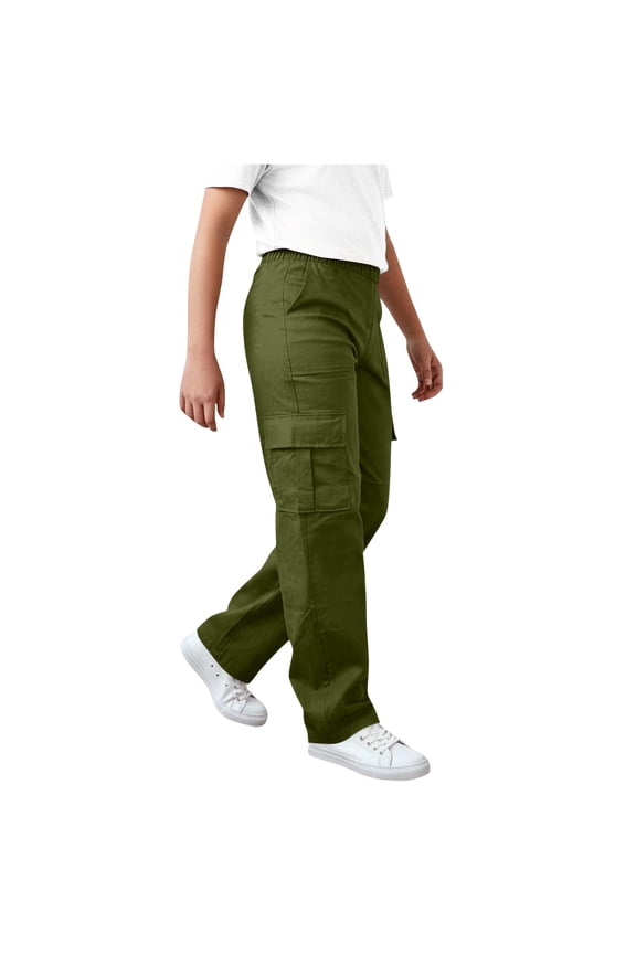 Boys And Girls Cargo Pants, Straight Leg Style With Side Pockets Elastic Waist Solid Color Casual Loose Long Pants Army Green 10-11Years