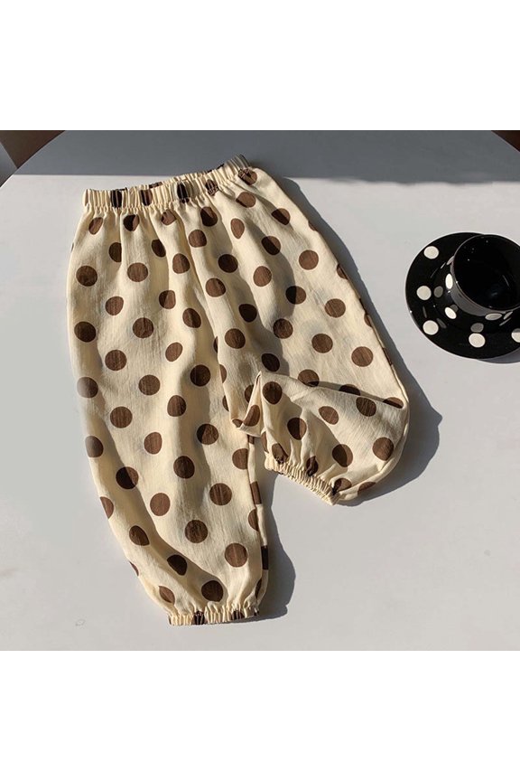Boys And Girls Casual Pants, Loose Style Elastic Cuff Legs Polka Dot Pattern Playtime Long Pants Beige 2 Years