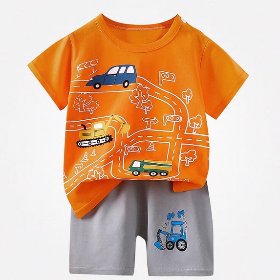 Crunowin Boys And Girls Cotton Outfit Sets Round Neck Vehicle Print Tee and Elastic Waist Shorts for Summer Casual White Size 2T