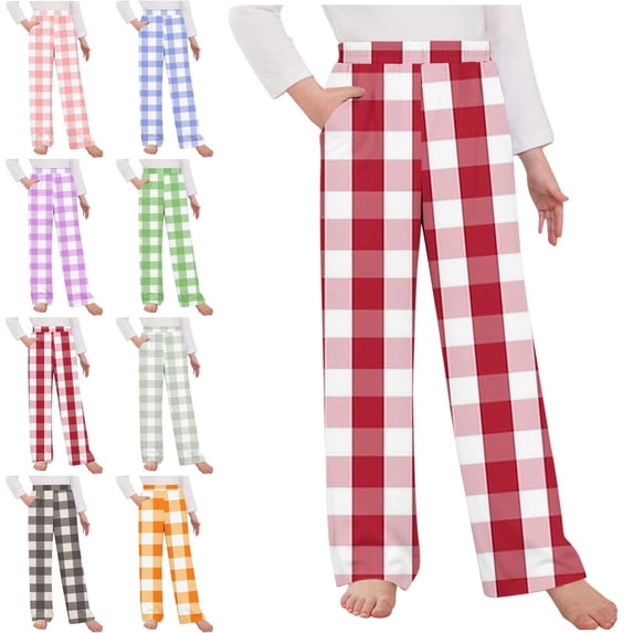 Crunowin Boys And Girls Kids Plaid Lounge Pants Cotton Blend Elastic Waist Side Pockets Relaxed Fit Home & Play Black Size 8