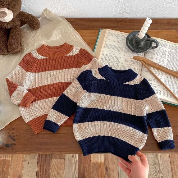 Crunowin Boys And Girls Ribbed Stretch Sweater Everyday Wear Striped Pattern Kids Casual Tops Khaki Size 4T