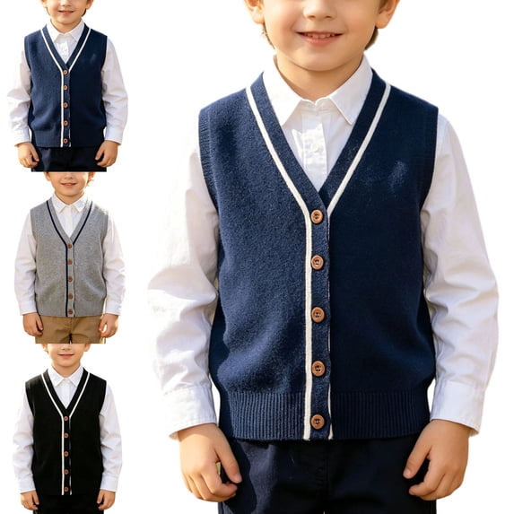 Crunowin Boys And Girls School Uniform Sweater Vest Button Closure Sleeveless Pullover Casual Cardigan Black Size 10