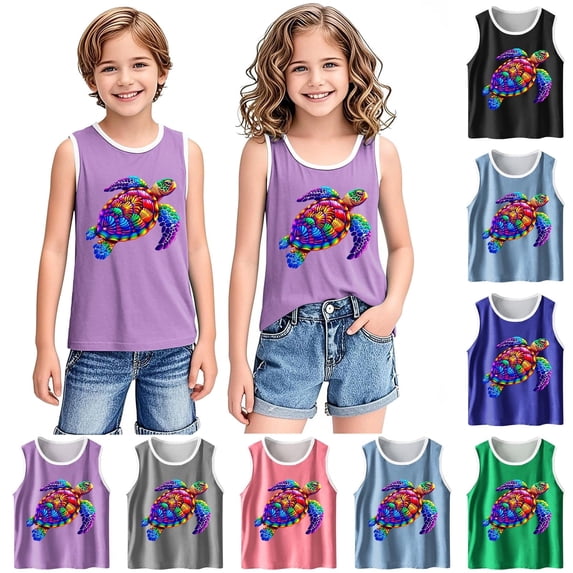 Crunowin Boys And Girls Summer Tank Tops Printed Sleeveless Comfort Stretchy Round Neck Basic Casual Top Blue Size 12