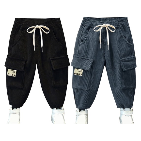 Crunowin Boys Fleece Lined Cargo Pants, Slanted Pockets Cuffed Elastic Waist Loose Kids Fall Winter Pants Black 6 T