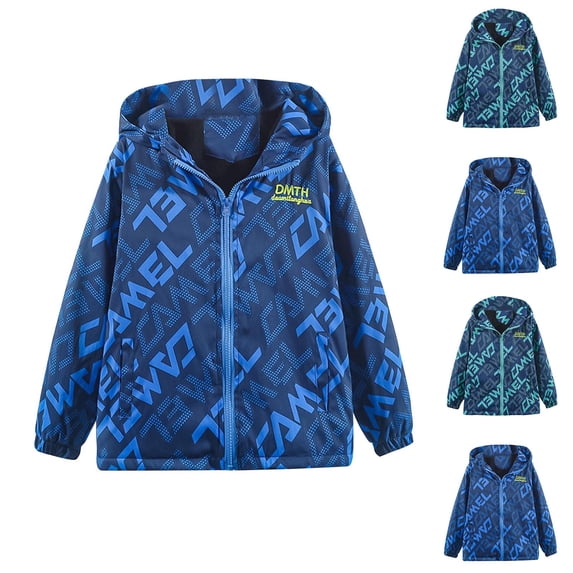 Crunowin Boys Fleece Lined Jackets, Lightweight Windproof Hooded Autumn Kids Windbreaker Outerwear Blue 3T