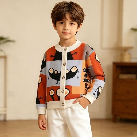 Crunowin Boys Knit Cardigans Color Block Print Round Neck Spring Fall Lightweight Comfort Sweaters Orange Size 7-8 Years