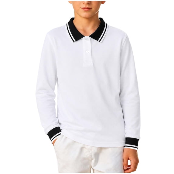 Crunowin Boys School Uniform Polo Cotton Shirt Long Sleeve Autumn Collared Casual Kids Base Layer Top Black Size 12