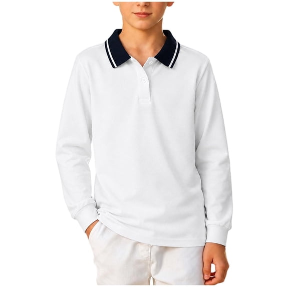 Crunowin Boys School Uniform Polo Cotton Shirt Long Sleeve Autumn Collared Casual Kids Base Layer Top Silver Size 2T
