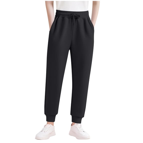Crunowin Boys Sport Cotton Pants Lightweight Cuffed Elastic Waist Side Pockets Casual Outdoor Pants Black Size 9
