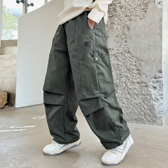 Crunowin Boys Sport Pants Wide Leg Loose Casual Utility Side Pockets Design Trendy Pants Gray Size 9