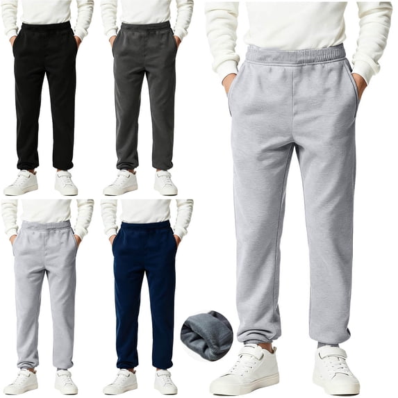 Crunowin Boys Thick Fleece Sweatpants, Full Fleece Lined Side Pockets Elastic Waist Kids Fall Winter Pants Black 6-7 T