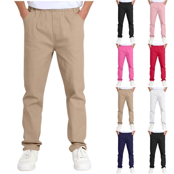 Crunowin Boys and Girls Chino Pants, Elastic Waist Durable Casual Spring Autumn Kids School Uniform White 7